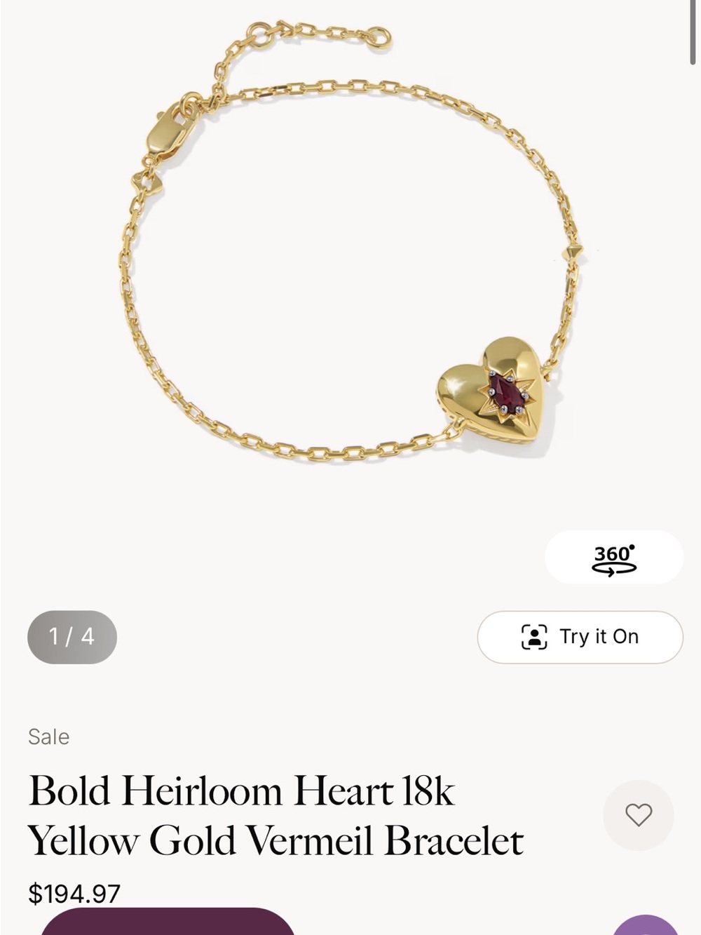 Kendra Scott BOLD HEIRLOOM HEART 18 K YELLOW GOLD VERMEIL BRACELET
